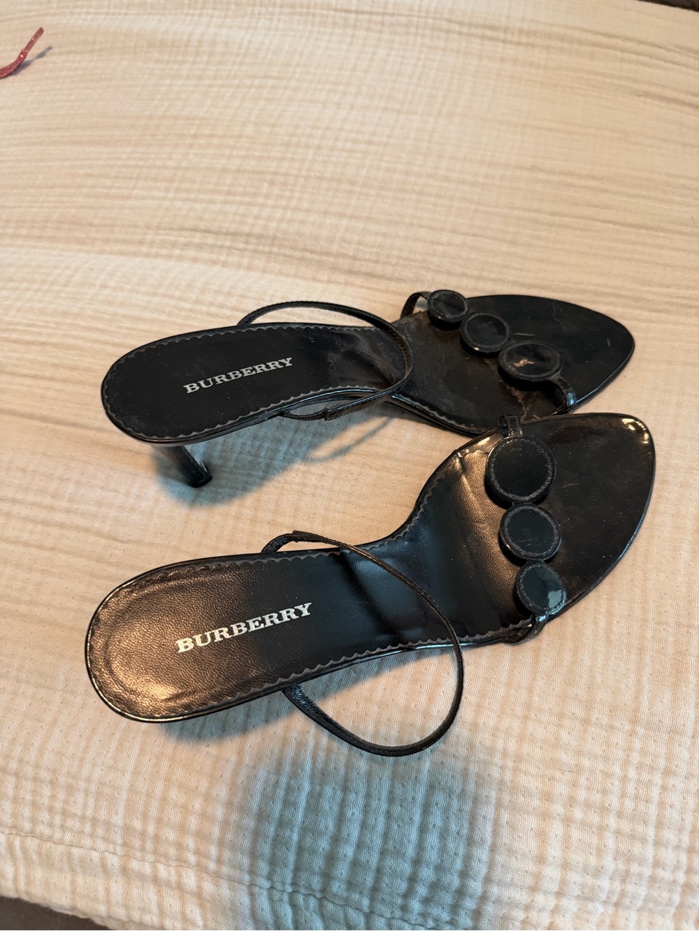 Burberry Black Leather Strappy Mid-Heel Sandals with Circular Accents